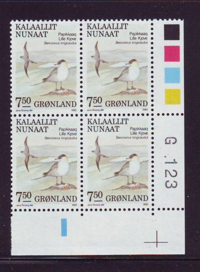 Greenland Sc 187 7.5 kr Birds stamp plate block of 4 mint NH