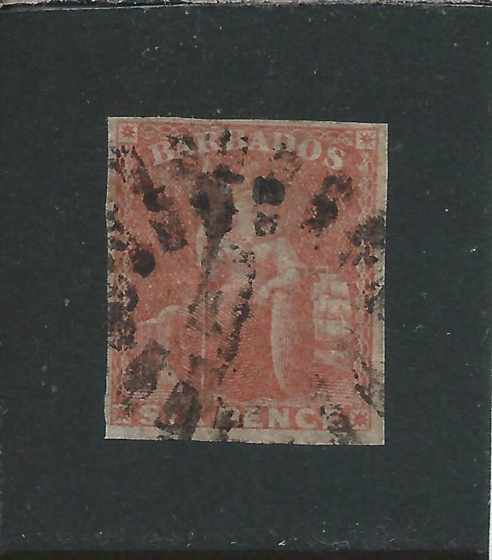 BARBADOS 1858 6d PALE ROSE-RED FOUR MARGINS FU SG 11 CAT £120