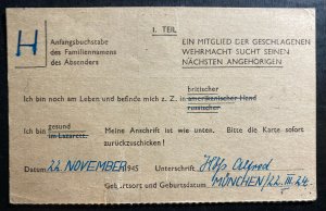 1945 England POW to Munich Germany Postcard Cover U Boat Sailor Alfred Hoss