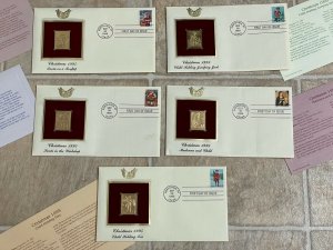 Set Of 5, 1995 First Day Cover Christmas Santa 32c Stamps W/22k Gold Replicas