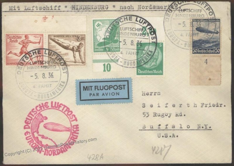 Germany 1936 Hindenburg  Zeppelin Mi33 6th NAF Cover  Beuerle Estate 111082