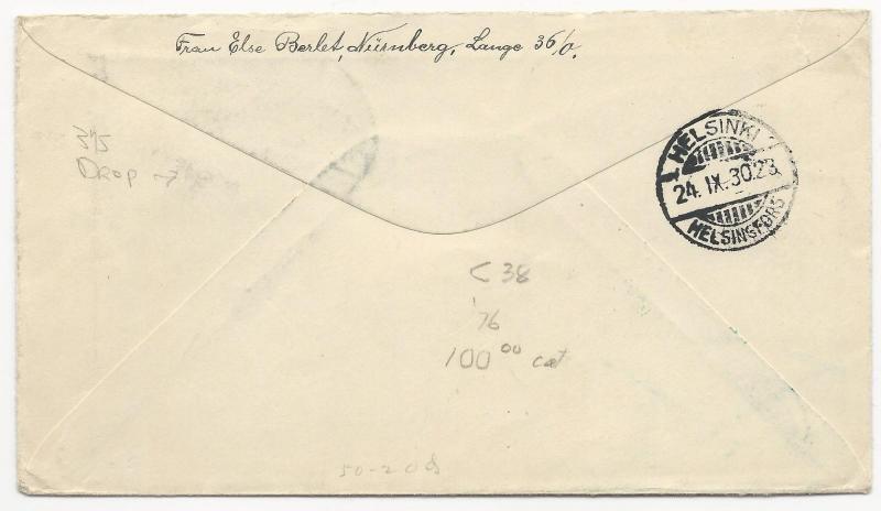 Germany Scott #C38 on Graf Zeppelin Drop Cover Helsinki to USA Sept 24, 1930