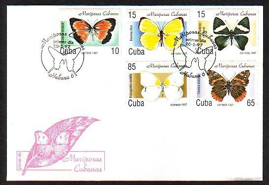 Cuba, Scott cat. 3827-3831. Butterflies issue. First day cover. ^