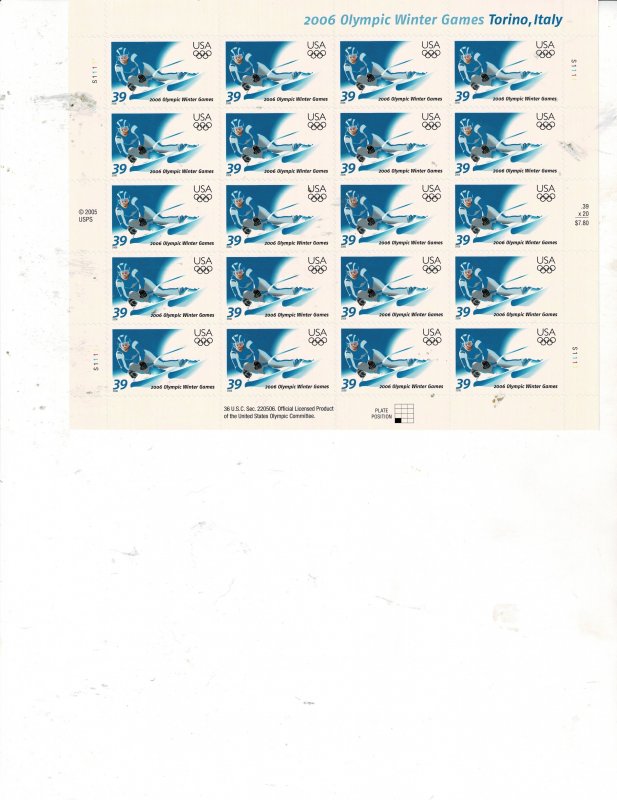 Winter Olympics Torino Italy 39c US Postage Sheet of 20 stamps #3995 VF MNH