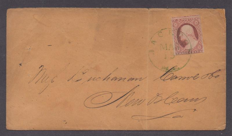 **US 19th Century Cover, SC# 11a Green Jackson, MS 3/15 CDS Cancel RARE!