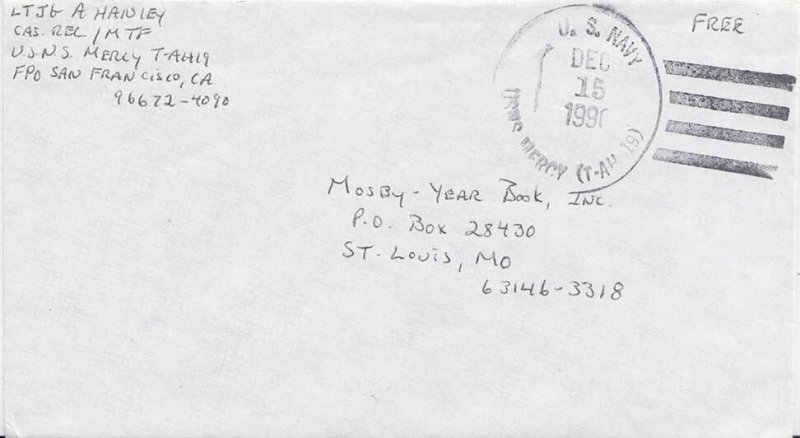 United States  Desert Storm Soldier's Free Mail 1990 U.S. Navy, USNS Mercy (T...