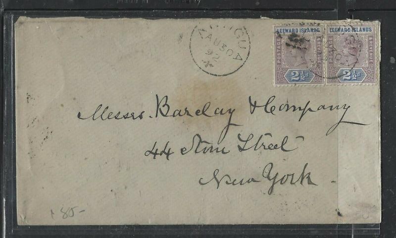 LEEWARD ISLANDS  (P1104B) 1892 QV 2 1/2DX2 PR ANTIGUA TO NEW YORK