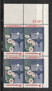 USA Plate Block # 1192 - M/NH - Arizona Statehood - UR - Plate 27127