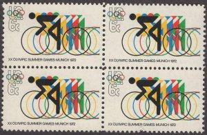 1972 Munich Olympics Cycling Block of 4 8c Postage Stamps - MNH, OG - Sc# 1460