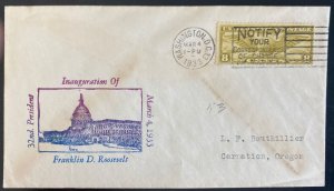 1933 Washington DC USA First Day cover To Carnation OR Franklin D Roosevelt