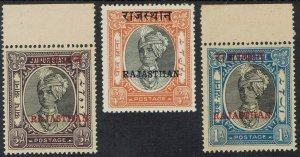 RAJASTAN 1950 RAJA JAIPUR OVERPRINTED 1/2A 3/4A AND 1A MNH **