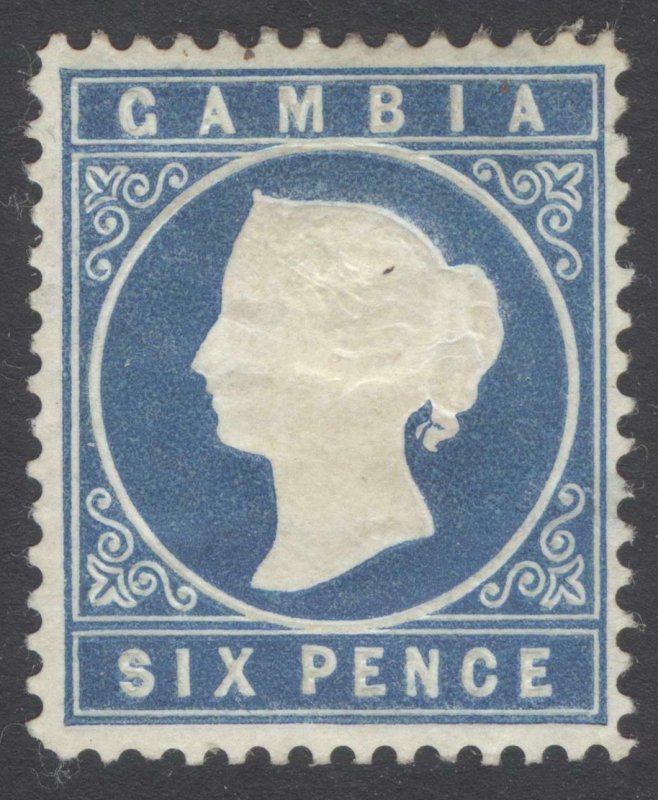 Gambia 1880 6d Blue embossed WmkCC SIDEWAYS SG 18A Scott 10 MM/MH Cat£200($260)