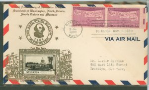 US 858 1939 3c Washington statehood/50th anniversary (pair) on an addressed (typed) fdc with an Olympic, WA cancel and a Crosby