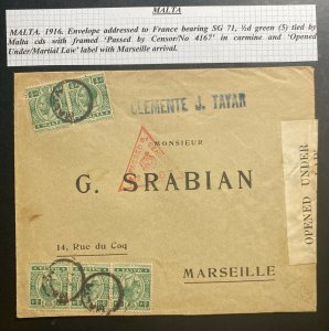 1916 Malta Censored Commercial Cover To Marseille France