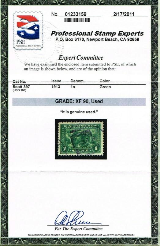 GENUINE SCOTT #397 USED 1913 GREEN PSE CERT GRADED XF-90 PANAMA-PACIFIC EXPO