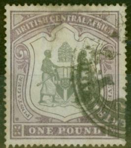 B.C.A Nyasaland 1897 £1 Black & Dull Purple SG51 Ave Used 