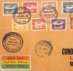 BOLIVIA Air Mail Cover LLOYD AERO FIRST FLIGHT BRAZIL La Paz 1930 Condor E ZD282