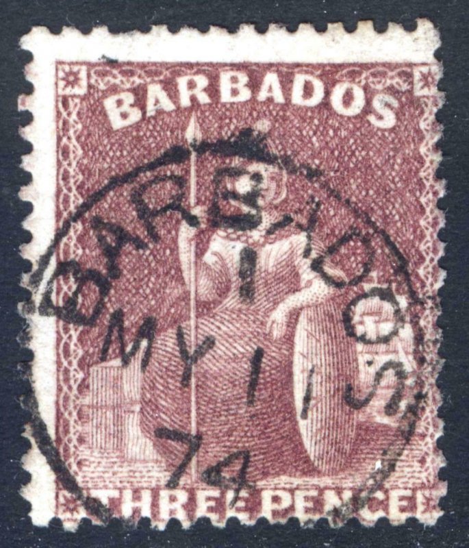 Barbados 1873 3d Brown Purple Perf 14 Wmk SmStar SG 63 Sc 38 VFU Cat £110($135)