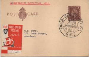 GB P.S.CARD 1957 ANGLO-DANISH FESTIVAL HANDSTAMP AND LABEL ATTACHED