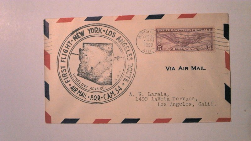 US FIRST FLIGHT COVER: 1930 WINSLOW AZ CAM 34