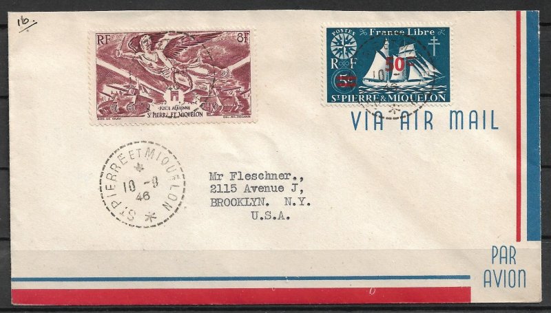 St. Pierre & Miquelon (France) - 1946 Airmail Cover to USA 8F High denom airmail