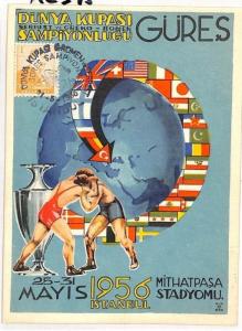 AZ395 1956 Turkey *ISTANBUL* Wrestling Illustration Postcard {samwells}PTS