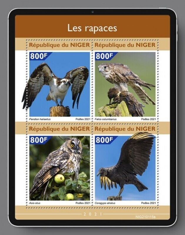 Niger - 2021 Birds of Prey, Osprey, Merlin - 4 Stamp Sheet - NIG210115a