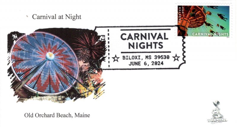 Carnival Nights (2024) FDC w/ b&w pictorial cancellation.