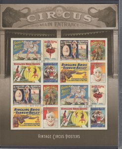 (S) USA Sc#4898-4905 Vintage Circus Full Sheet of 16  Used (minimal bend)