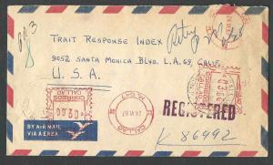 DATED 1967 COVER CALLAO PERU TO LAS ANGELES CA REGSTD W/METERS & STAMPS ON BACK