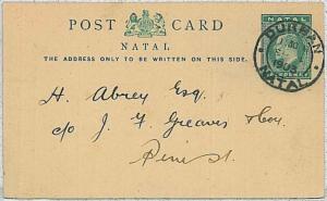 POSTAL HISTORY - POSTAL STATIONERY -  NATAL 1903 - private printing on back