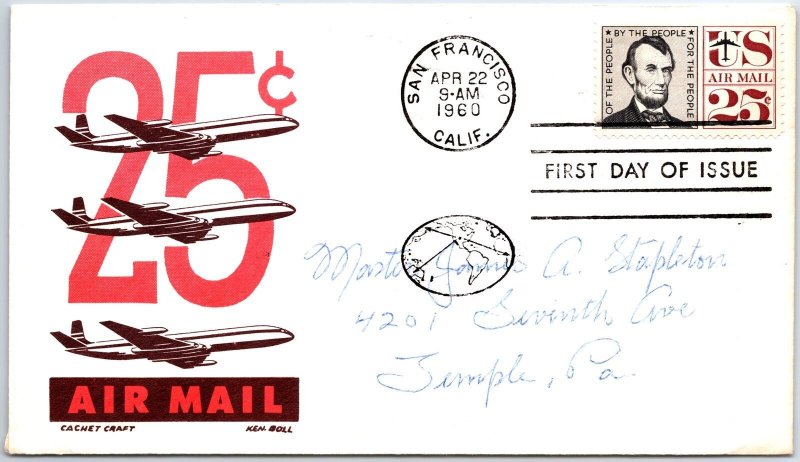 US FIRST DAY COVER 25c AIRMAIL POSTAGE ON KEN BOLL CACHET CRAFT 1960