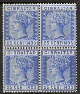 GIBRALTAR SG26a 1889 25c DEEP ULTRAMARINE MNH BLOCK OF 4(1 x LIGHTLY MOUNTED)