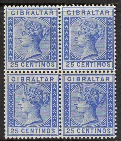 GIBRALTAR SG26a 1889 25c DEEP ULTRAMARINE MNH BLOCK OF 4(1 x LIGHTLY MOUNTED) 