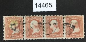 MOMEN: US STAMPS # 94 F-GRILL STRIP OF 4 USED $55 LOT #14465