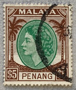 Malaya Penang 1954 $5 QEII, used. Scott 44, CV $4.25. SG 43