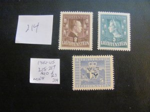 LIECHTENSTEIN 1944-45 MNH  SC 215-217 SET  XF $40 (214) NEW COLL.