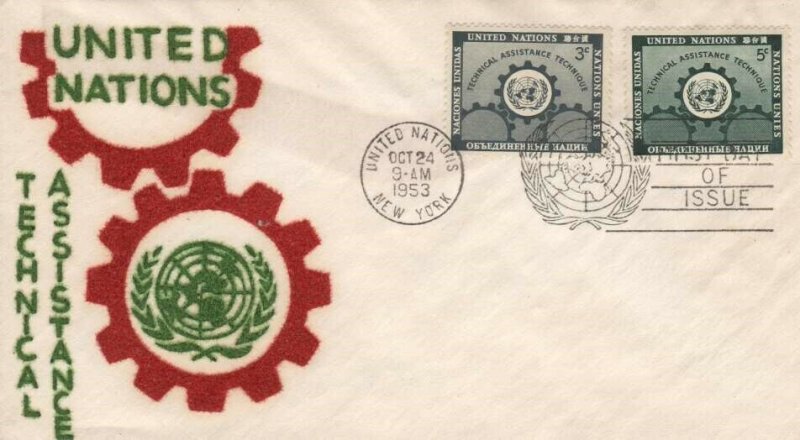 UN #19/20 - TECHNICAL ASSISTANCE FDC - Velvatone cachet