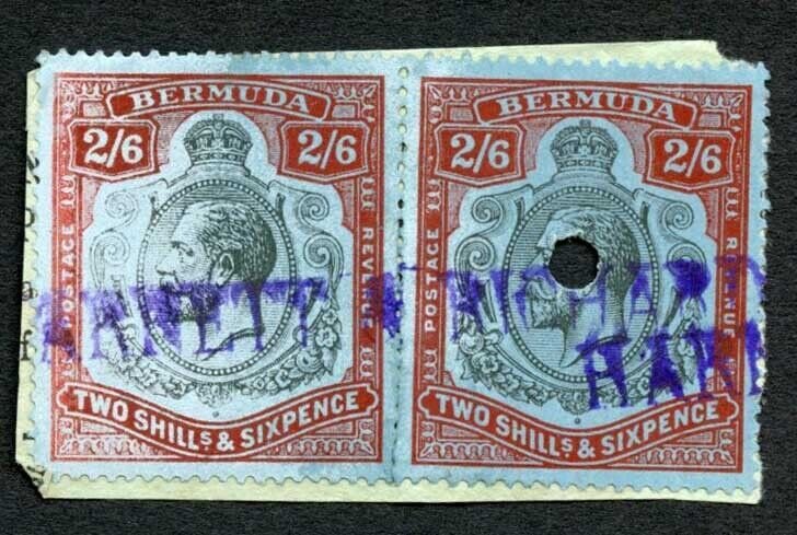 Bermuda SG89c 2/6 PAIR Fiscal Cancel Right Stamp Nick in top right in Scroll
