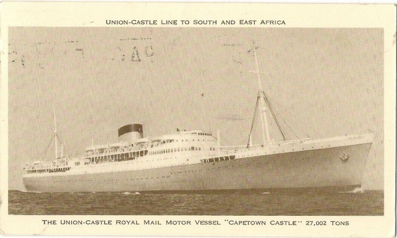 1965 SOUTHAMPTON PAQUEBOT POSTED AT SEA South Africa Royal Mail CAPETOWN CASTLE