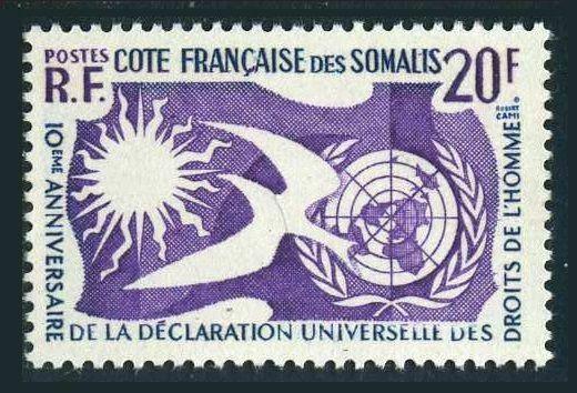 Fr Somali Coast 274,lightly hinged.Michel 319. Human Rights 1958.Bird,Sun.