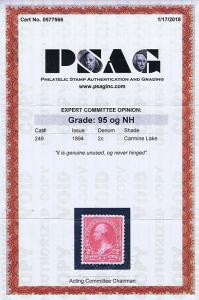 SC# 249 UNUSED ORIGINAL GUM MNH 2c WASHINGTON, 1894 PSAG CERT GRADED XF SUP 95  