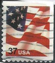 US 3636 (used, off paper) 37¢ flag (fr. bklt, large 2002, dc 10½ x 10¾)