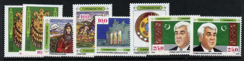 Turkmenistan 1-8 MNH Costumes, President Niyazov, Hose, Crest, Flag