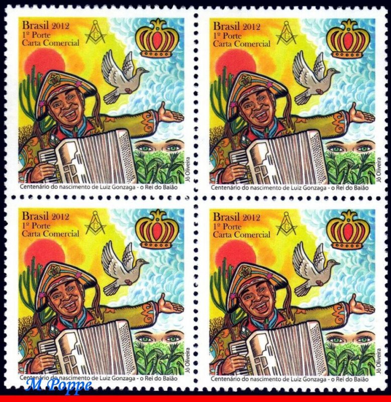 3236 BRAZIL 2012 LUIZ GONZAGA, SINGER, MUSIC, MASONRY, DOVE, C-3242, BLOCK MNH