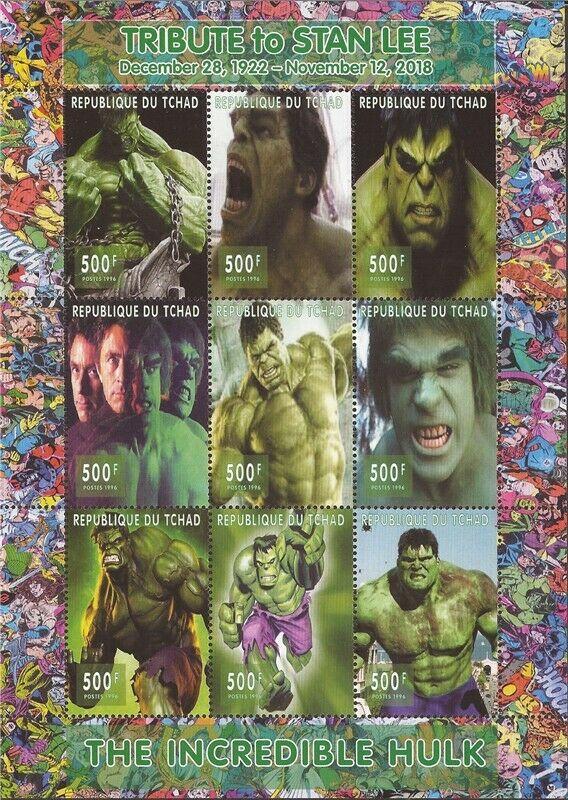Chad - 2018 Stan Lee Tribute Incredible Hulk-  9 Stamp Sheet - 3B-631