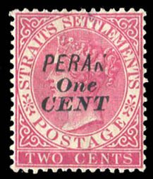 Malayan States - Perak SG53 Cat£200+, 1891 1c on 2c bright rose, with defect...