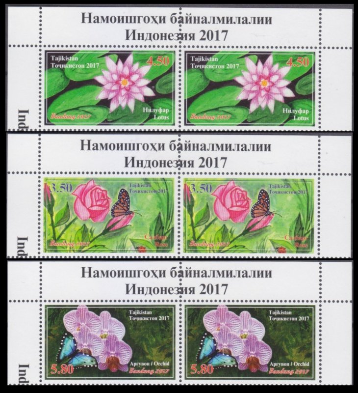 2017 Tajikistan  764-766x2+Tab Butterflies / Flowers 19,40 €