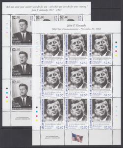 Cook Islands Sc 1476-1477, Aitutaki Sc 615-616 MNH. 2013 JFK Mini-Sheets