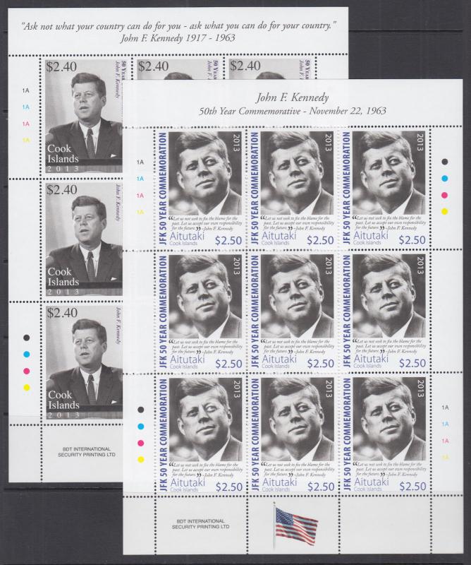 Cook Islands Sc 1476-1477, Aitutaki Sc 615-616 MNH. 2013 JFK Mini-Sheets